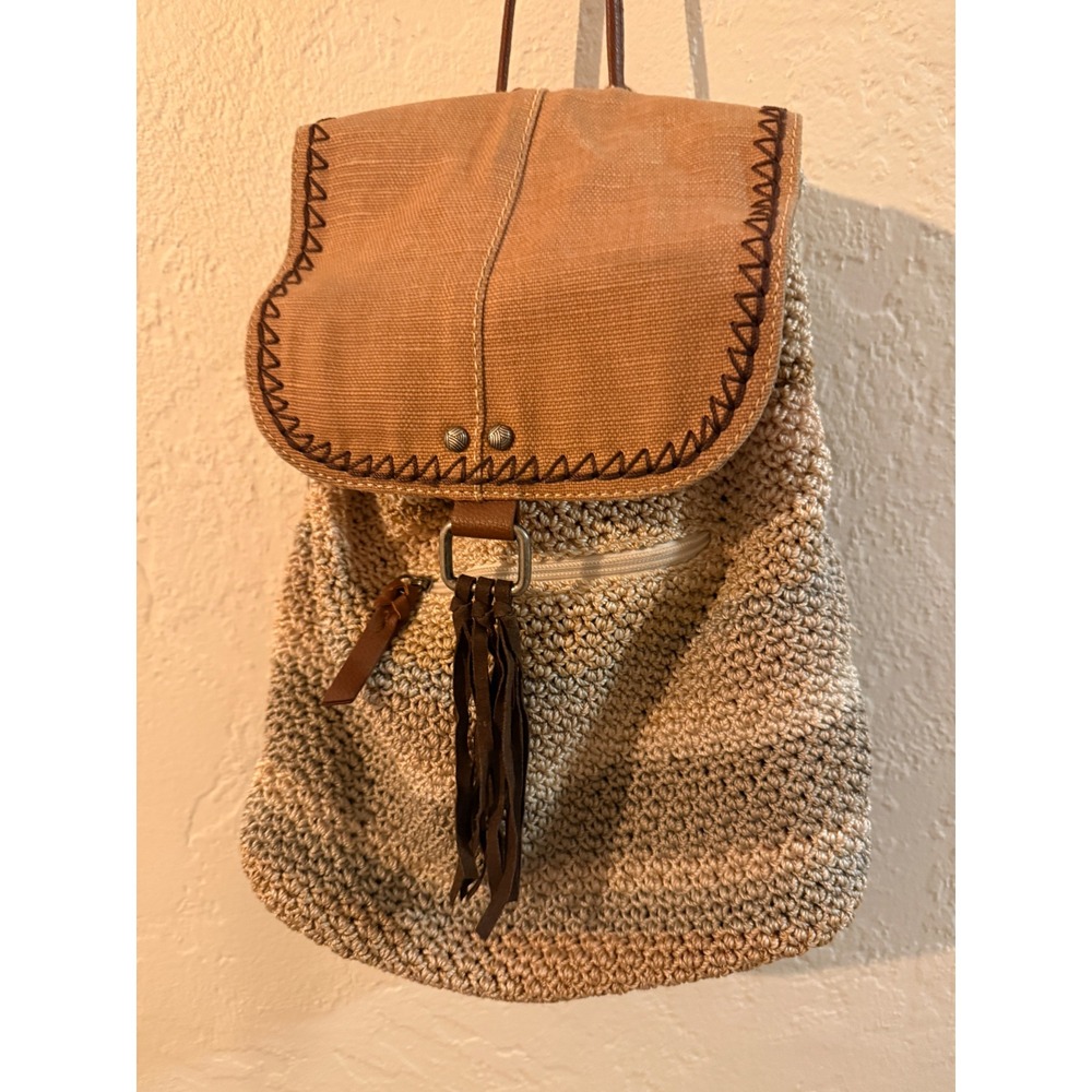 The Sak Crochet Backpack Beige Tan Canvas Flap Tassel Boho Rucksack Bag